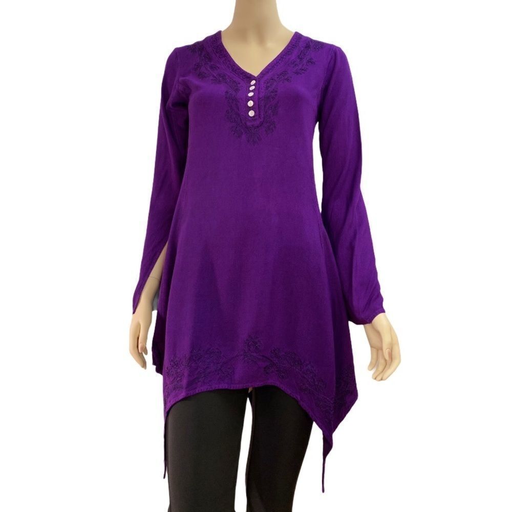 Dark Purple V Neck Long Bell Sleeve Back Tie Embroidered Tunic Top - NEW